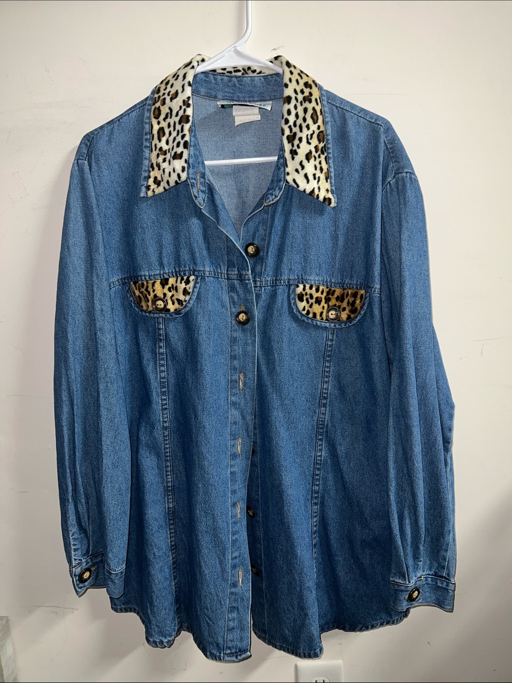 Signatures by Delta Burke Light Blue Denim Shirt with Leopard Accent